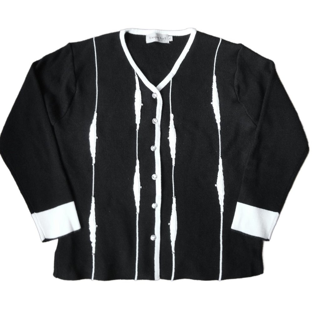 Unique Int'l Rhinestone Button Cardigan Knit Sweater Black White Women's Medium